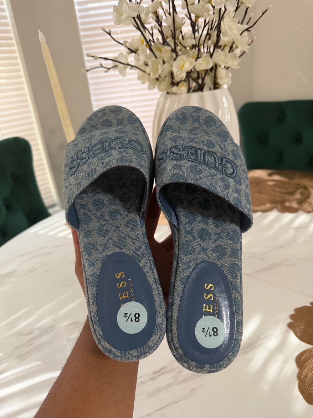 Guess Blue Logo Denim Slide Mules
